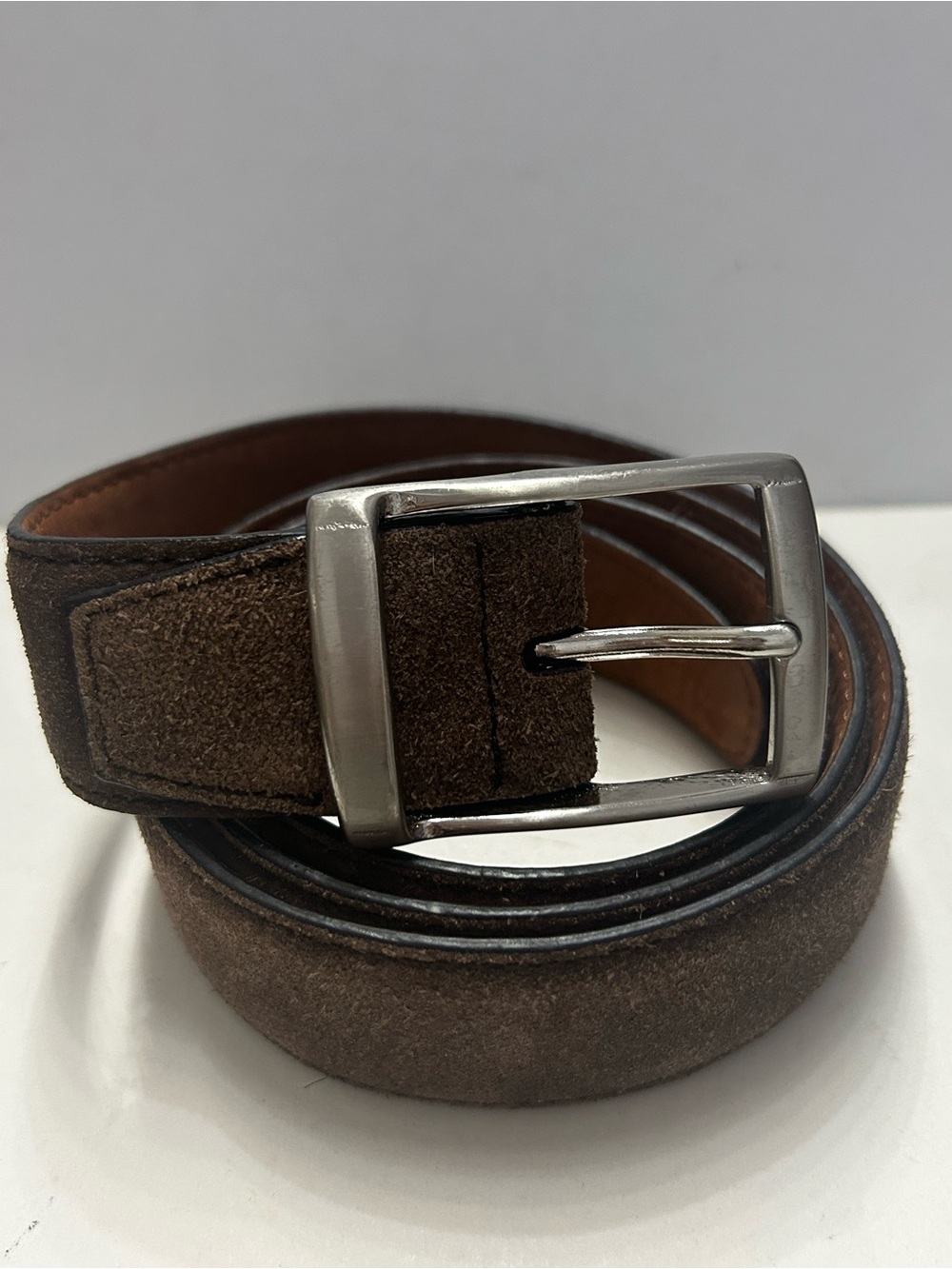 Cole Haan Brown Suede Leather Belt Size 38 Brass Buckle Silver Finish